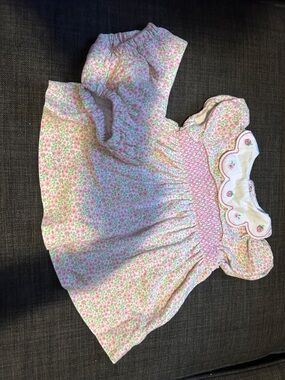 Hartstrings Pink & White Floral Smocked Dress with Scalloped Collar